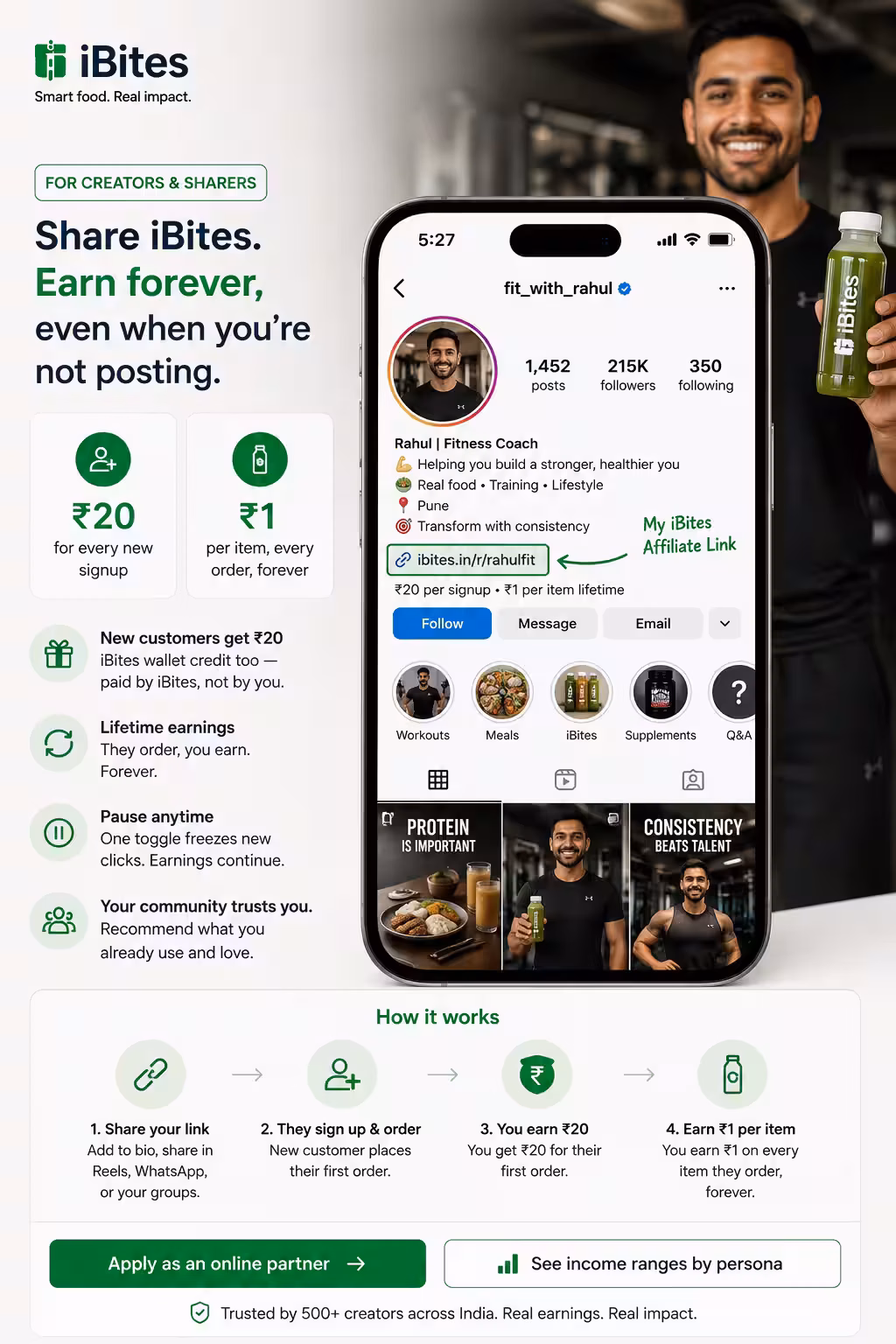 iBites partner referral link on an Indian wellness creator's Instagram bio and reel — ₹20 per signup plus ₹1 per item lifetime, paid to bank