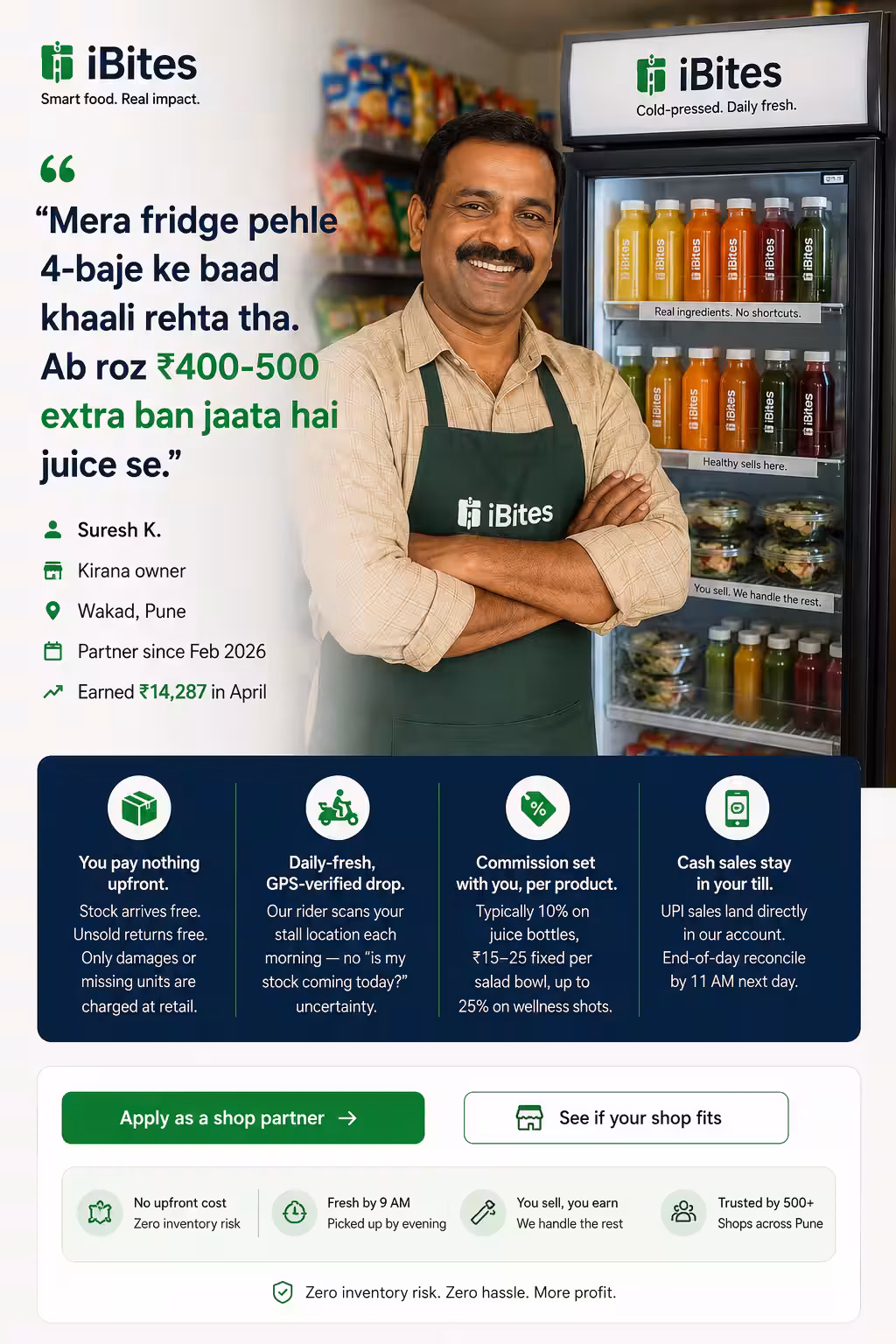 iBites partner — shop owner stocking cold-pressed juices, salads and healthy bowls at an Indian kirana counter, iBites stall in Pune